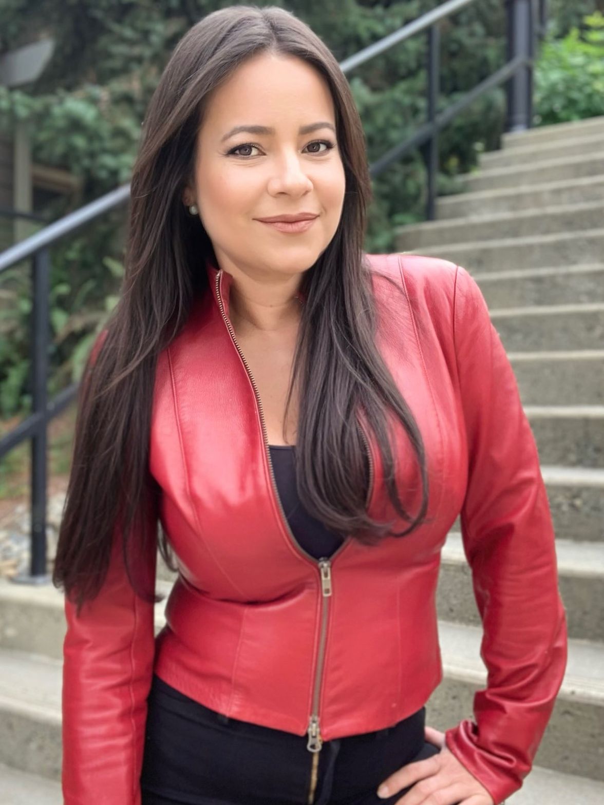 Arlina Rodriguez in Red Leather Jacket